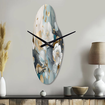 Blue Marble Gold Floral Impressions II - Asymmetric Metal Wall Clock